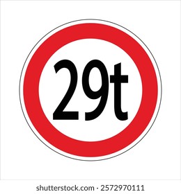 Regulatory road sign indicating a weight limit of 29 tons, prohibiting vehicles exceeding that weight from passing.