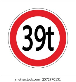 Regulatory road sign indicating a weight restriction for vehicles exceeding 39 tons, promoting road safety and infrastructure preservation.