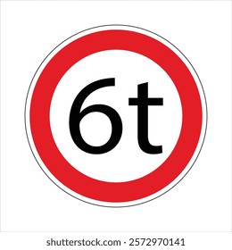 Regulatory road sign indicating a weight limit of six tons, prohibiting passage for heavier vehicles, ensuring road safety and infrastructure preservation.