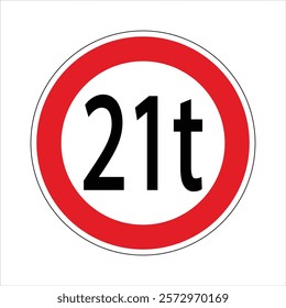 Regulatory road sign indicating a weight limit of 21 tons, typically for bridges or overpasses.