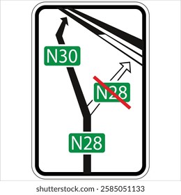 Regulatory road sign showing the correct route to follow at a highway junction, avoiding a possible deviation.