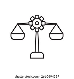 Icono de tecnología reguladora con balanza y engranaje en estilo de línea. Ideal para RegTech, automatización de cumplimiento, derecho digital, regulación financiera o imágenes de tecnología legal.