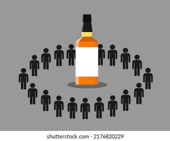 Rehab - meeting of alcohol addicts. People are sharing problem of alcoholism and alcoholic addiction for drinking and be drunk. Group is standing around the bottle. Vector illustration. 