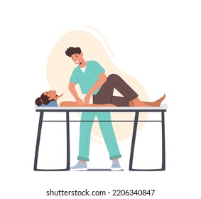 Rehab Therapy, Physiotherapy Treatment Concept. Patient At Rehabilitation Massage At Chiropractors. Masseur Physiotherapist Osteopath Treating Woman Arms. Character Cartoon People Vector Illustration