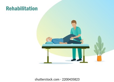 Rehab therapy for senior. Physiotherapist, rehabilitation doctor diagnosis elderly man leg on bed. Rehabilitation, physiotherapy and medical healthcare, recovery from trauma or injury.