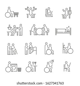 rehabilitation activities in patient with disability icon set. thin line design