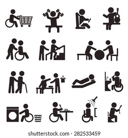 rehabilitation activities in patient with disability icon set
