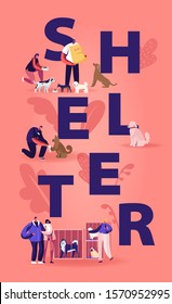 Rehabilitation or Adoption Center for Stray Pets Concept. Kind People Help Homeless Animals. Men and Women Adopting Pet from Shelter Poster Banner Flyer Brochure. Cartoon Flat Vector Illustration