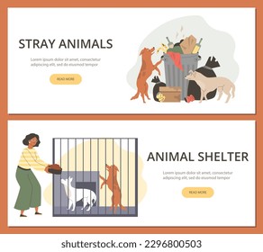 Centro de rehabilitación o refugio de adopción para carteles de perros callejeros y sin hogar, ilustración vectorial plana. Carteles o volantes para fundaciones y refugios de animales abandonados.