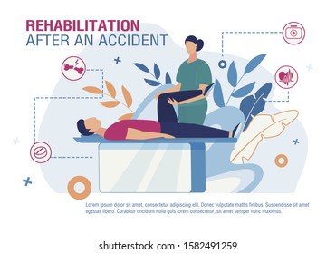 Rehabilitation after Accident Advertising Poster. Cartoon Doctor Physiotherapist Working with Patient Leg after Injury, Trauma. Orthopedics Medicine. Telemedicine Banner. Vector Flat Illustration