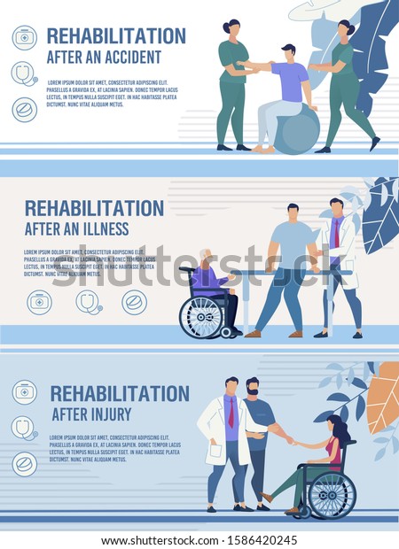 Rehabilitation after Accident, Injury,\
Illness. Advertising Header Banner Set. Flat Design.\
Physiotherapist Working with Disabled and Injured People. Recovery.\
Healthcare. Vector Cartoon\
Illustration