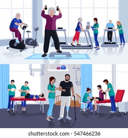 Rehabilitation care and physiotherapy treatments  for children and adults  2 flat banners composition poster isolated vector illustration 