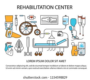 Rehabilitation center banner. Medical aid concept in flat line style. Traumatology and orthopedics icons isolated on white background. Vector illustration eps 10