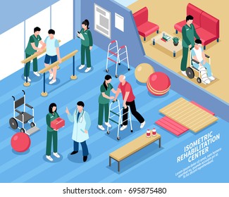 Poster isométrico de tratamento de terapia de exercícios do centro de reabilitação com fisioterapeutas e enfermeiros assistindo pacientes ilustração vetorial