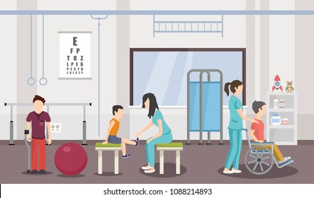 Rehabilitation center of kids. Vector image. Help children with disabilities.