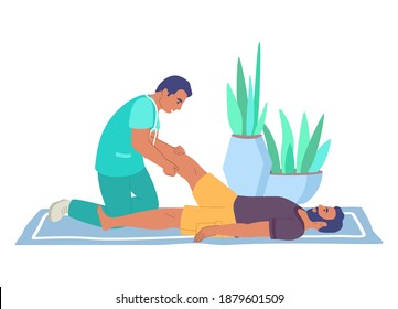 Rehabilitation center. Massage therapy, flat vector illustration. Male physiotherapist giving leg massage to patient lying on the floor. Rehabilitation and physiotherapy treatment of injured people.