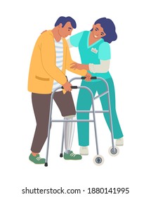 Rehabilitation center. Patient learning to walk using walker with help of doctor physiotherapist, flat vector illustration. Rehabilitation, physical therapy treatment of people with injury, disability