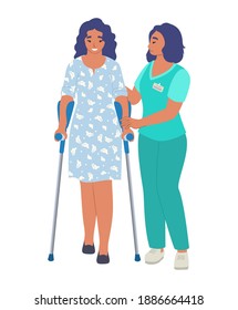 Rehabilitation Center. Patient Learning To Walk Using Crutches With Help Of Doctor Physiotherapist, Flat Vector Illustration. Rehabilitation, Physiotherapy Treatment Of People With Injury, Disability.