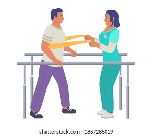 Rehabilitation center. Patient learning to walk using parallel bars with help of physiotherapist, flat vector illustration. Rehabilitation, physical therapy treatment of people with injury, disability
