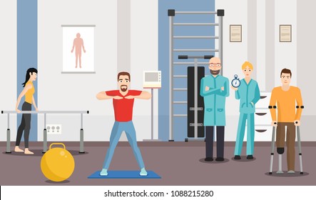 Rehabilitation center, physiotherapy under supervision of doctors. Vector image.