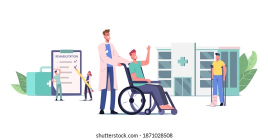 Rehabilitation Concept. Doctor Push Wheelchair with Injured Character with Bandaged Leg, Patient with Broken Limb, Handicapped Person on Crutches with Feet Bandage. Cartoon People Vector Illustration