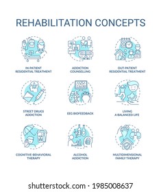 Rehabilitation concept icons set. Addiction recovery steps. Addiction treatment methods. Rehabilitation variety idea thin line color illustrations. Vector isolated outline drawings. Editable stroke