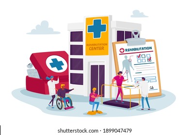 Concepto de rehabilitación con pequeños personajes en enormes cosas médicas. Doctor Empuja silla de ruedas con mujer herida en clínica de rehabilitación. Pacientes En Ejercicio, Personas Discapacitadas Deportes. Ilustración del vector de dibujos animados