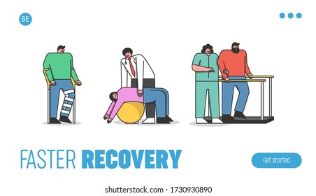 Rehabilitation Concept. Website Landing Page. Kind Cheerful Doctors Help Injured People To Do Exercises And Get Well Soon As Possible. Web Page Cartoon Linear Outline Flat Style. Vector Illustration