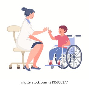 Rehabilitation of disabled children in hospital, psychological assistance. Medical worker helps patient, boy in wheelchair. Vector characters flat cartoon illustration.