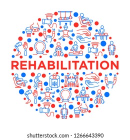 Rehabilitation for disabled concept in circle with thin line icons: magnetic therapy, laser, massage, lymphatic drainage, exoskeleton, cryotherapy. Vector illustration, print media template.