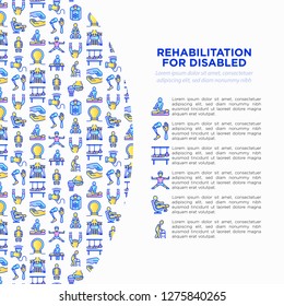 Rehabilitation for disabled concept with thin line icons: magnetic therapy, laser, massage, lymphatic drainage, cryotherapy, biomechatronics, suspension system. Vector illustration, web page template.