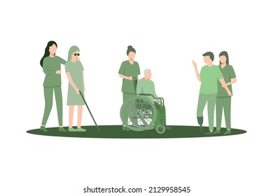 Rehabilitation. Disabled man sitting in wheelchair. Woman is walking, leaning on orthopedic walker. Blind patient walk with cane. Guy with broken leg in cast with crutches. People with disabilities.