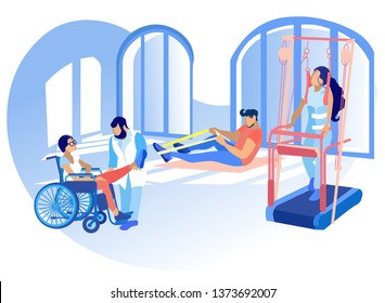 Rehabilitation Disabled Physiotherapy Vector. Correction or Replacement Lost Physical Abilities Body with Help Therapeutic or Adaptive Physical Education. People Engaged Physical Education.