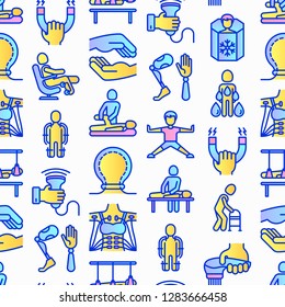 Rehabilitation for disabled seamless pattern  with thin line icons: magnetic therapy, laser, massage, lymphatic drainage, exoskeleton, cryotherapy, biomechatronics. Vector illustration.