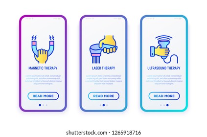 Rehabilitation for disabled thin line icons set: magnetic therapy, laser, ultrasound. Vector illustration for user mobile interface.
