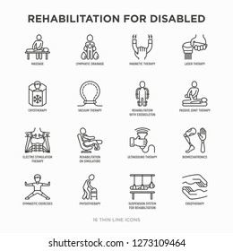 Rehabilitation for disabled thin line icons set: magnetic therapy, laser, massage, lymphatic drainage, exoskeleton, cryotherapy, physiotherapy, biomechatronics, suspension system. Vector illustration.