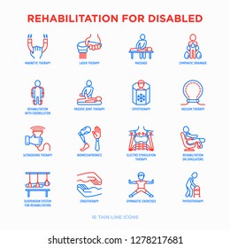 Rehabilitation for disabled thin line icons set: magnetic therapy, laser, massage, lymphatic drainage, exoskeleton, cryotherapy, biomechatronics, suspension system, ergotherapy. Vector illustration.