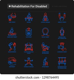 Rehabilitation for disabled thin line icons set: magnetic therapy, laser, massage, lymphatic drainage, exoskeleton, cryotherapy, physiotherapy, biomechatronics, suspension system. Vector illustration.