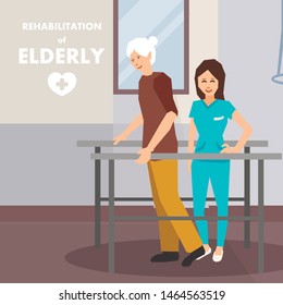 Rehabilitation for Elderly on Parallel Bars Advert. Flat Cartoon Poster. Old man with a disability and Physiotherapist. Personal Assistant HelpMale to Rehab. Vector Male on Walker Illustration