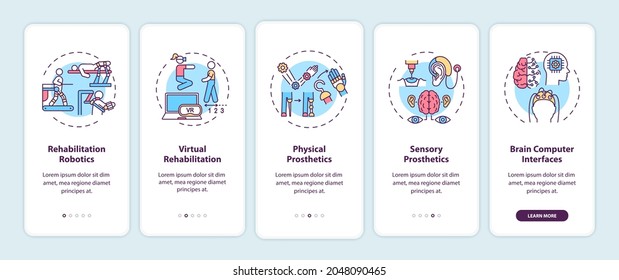Rehabilitation engineering application onboarding mobile app page screen with concepts. Robotics walkthrough 5 steps graphic instructions. UI, UX, GUI vector template with linear color illustrations
