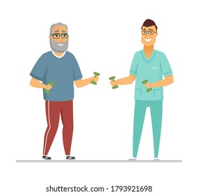 Rehabilitation exercises - modern flat design style illustration with cartoon characters. Cheerful senior man doing physical therapy with a doctor. Elderly people care, healthcare, treatment idea