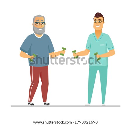 Rehabilitation exercises - modern flat design style illustration with cartoon characters. Cheerful senior man doing physical therapy with a doctor. Elderly people care, healthcare, treatment idea