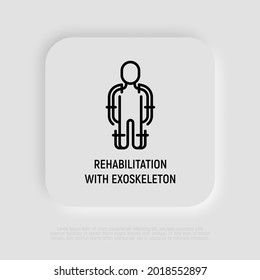 Rehabilitation with exoskeleton for disabled thin line icon. Modern vector illustration.