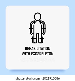 Rehabilitación con exoskeleton para icono de línea delgada inhabilitado. Ilustración vectorial moderna.
