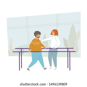 Rehabilitation flat vector illustration. Concept of physiotherapy with use of medical equipment and trainers, recovery after injuries, accidents and operations. Female nurse helps a man learn to walk.