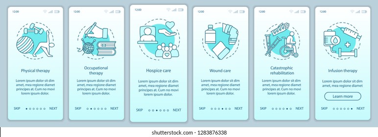 Rehabilitation Hospital Onboarding Mobile App Page Screen Vector Template. Nursing Service Walkthrough Website Steps. Physical Therapy, Wound Care, Hospice. UX, UI, GUI Smartphone Interface Concept