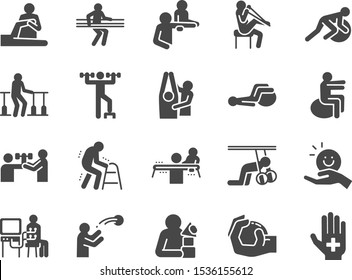 Rehabilitation icon set. Included icons as recovery, Physical therapy, Nursing Home, therapist, hospital, physiology and more.