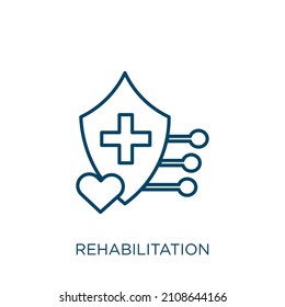 Rehabilitationssymbol. Dünne lineare Rehabilitation Umrisssymbol einzeln auf weißem Hintergrund. Zeilenvektorrehabilitationszeichen, Symbol für Web und Mobile
