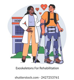 Rehabilitation Innovation concept. Exoskeletons aiding mobility and recovery, enhancing patient care in clinical settings. Flat vector illustration.