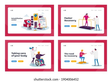 Rehabilitation Landing Page Template Set. Tiny Characters at Huge Medic Things. Doctor Push Wheelchair with Injured Woman in Rehab Clinic. Patient Exercising, People Sport. Cartoon Vector Illustration